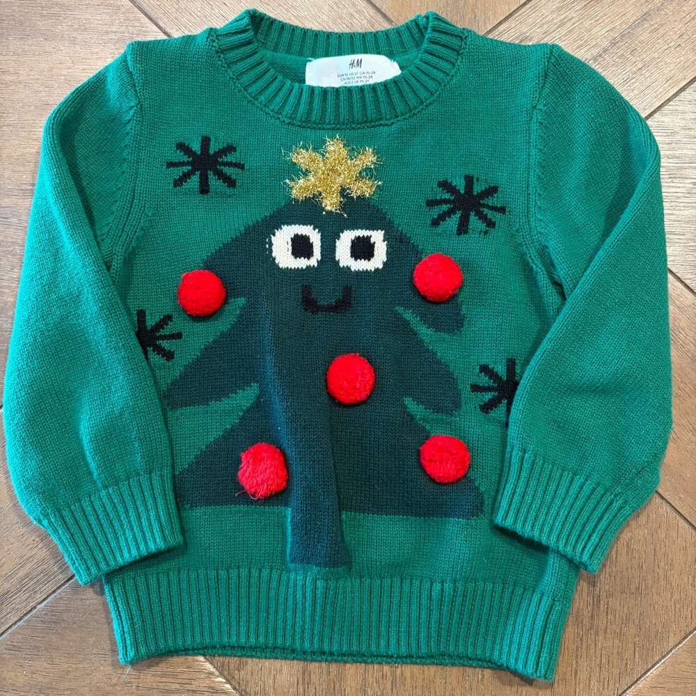 H&M Green Christmas Tree Kids Sweater Size 1-2y